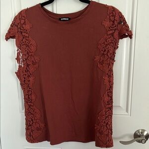 Express Burnt Orange Lace Asymmetrical Cap Sleeve Tee
